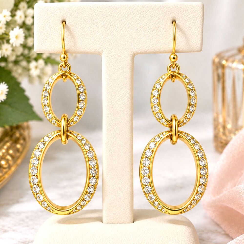 Signed AV Gold Tone Rhinestone Link Drop Earrings
